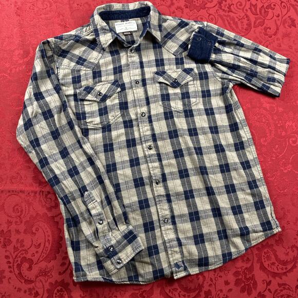 Cody James Mens Western Flannel Blue Plaid Pearl Snap Soft Corduroy Flip Cuff - Picture 1 of 12